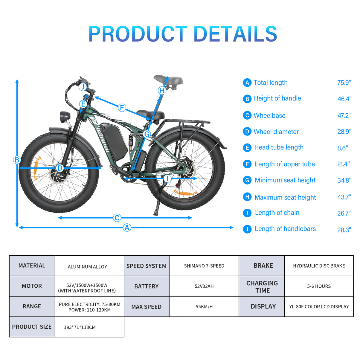 BAOLUJIE DP-2603+ Full Suspension Fat Electric Bike 26inch | 52v 3000w Dual motor | Hydraulic Disc Brake | 32Ah lithium battery