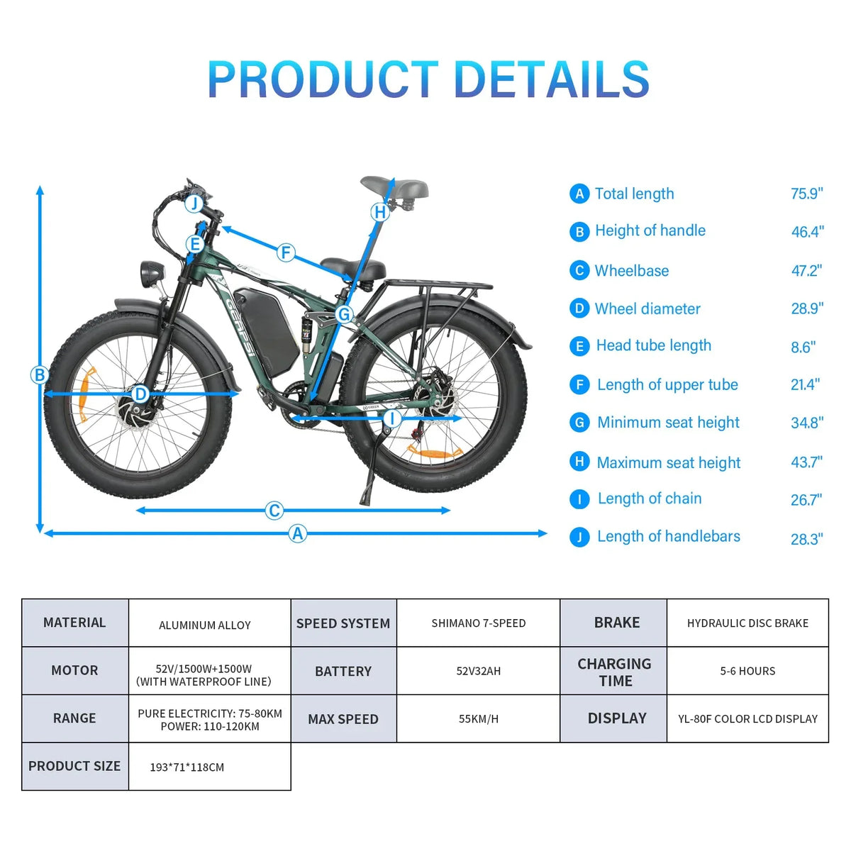BAOLUJIE DP-2603+ Full Suspension Fat Electric Bike 26inch | 52v 3000w Dual motor | Hydraulic Disc Brake | 32Ah lithium battery - Rich Bit eBike