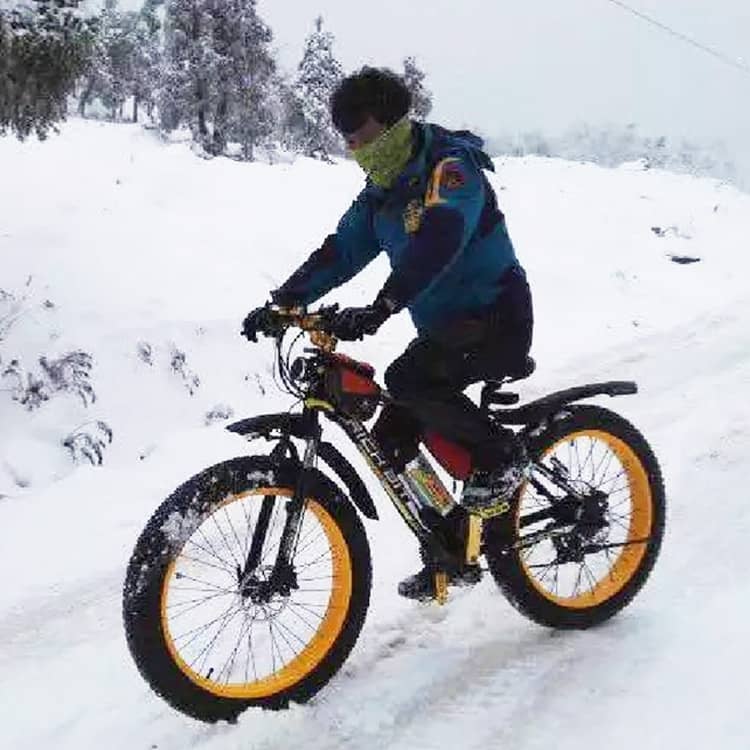 rider enjoy cycling of e-bike with brand RICHBIT on snow land