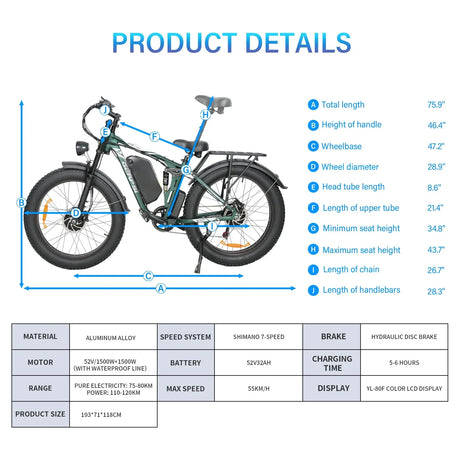 BAOLUJIE DP-2603+ Full Suspension Fat Electric Bike 26inch | 52v 3000w Dual motor | Hydraulic Disc Brake | 32Ah lithium battery - Rich Bit eBike