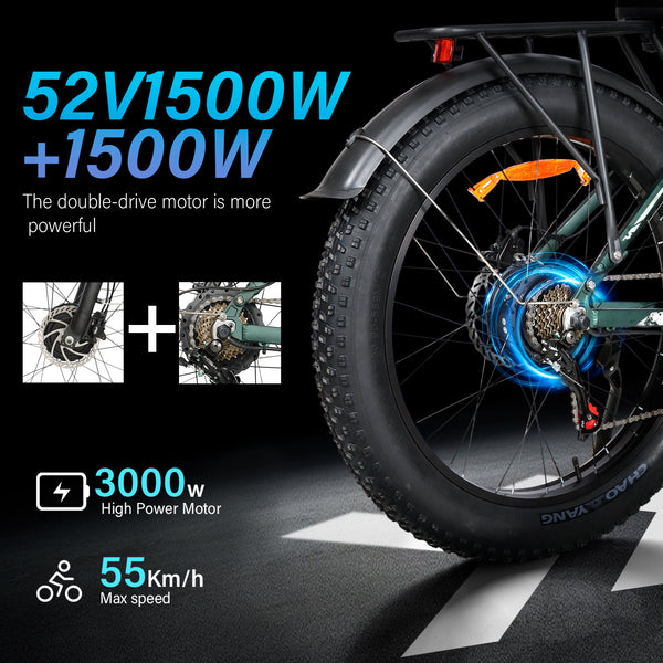BAOLUJIE DP-2603+ Full Suspension Fat Electric Bike 26inch | 52v 3000w Dual motor | Hydraulic Disc Brake | 32Ah lithium battery