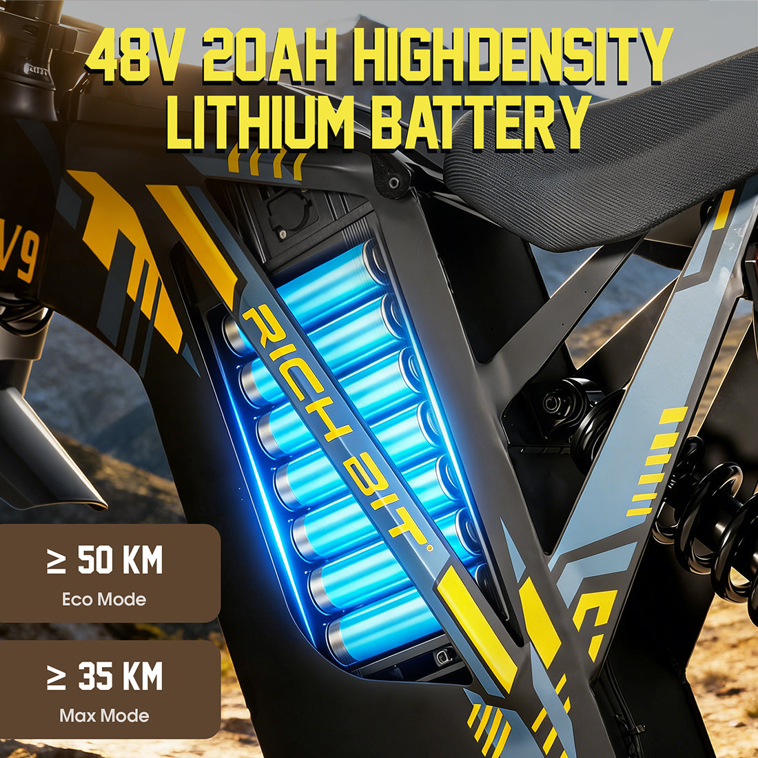 RICH BIT V9 Ultra 2500W Electric Motorcycle | 63km/h Max Speed & 150N.m Torque | 20Ah Long Range Battery | Full Suspension All-Terrain Off-Road E-Bike for Adults Rich Bit eBike